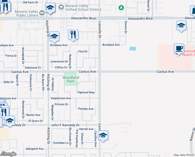 map of restaurants, bars, coffee shops, grocery stores, and more near 25950 White Wood Circle in Moreno Valley