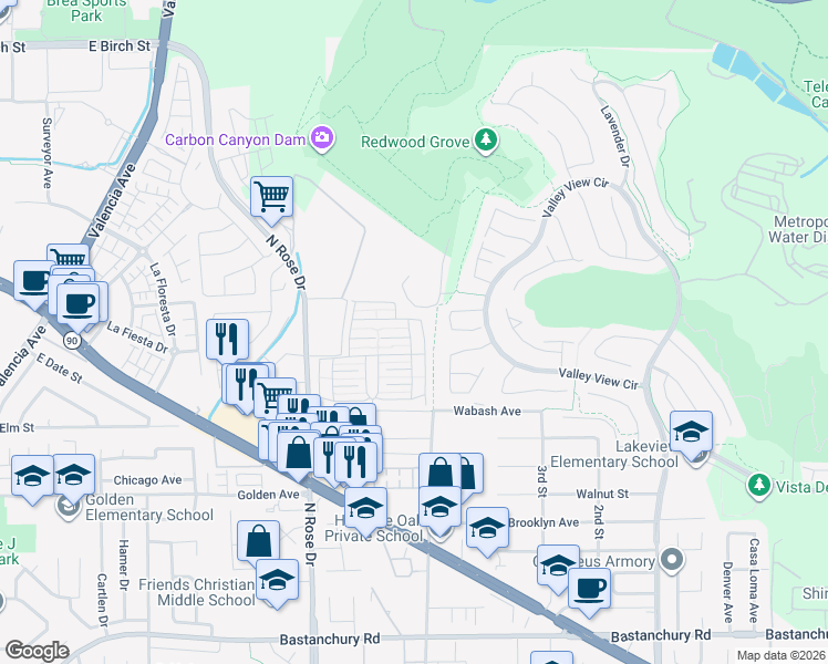 map of restaurants, bars, coffee shops, grocery stores, and more near 3678 Lake Crest Drive in Yorba Linda