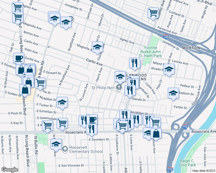 map of restaurants, bars, coffee shops, grocery stores, and more near 12542 Waldorf Drive in Lynwood