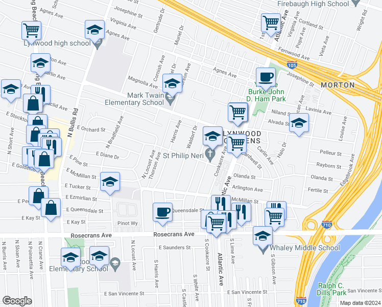 map of restaurants, bars, coffee shops, grocery stores, and more near 12542 Waldorf Drive in Lynwood