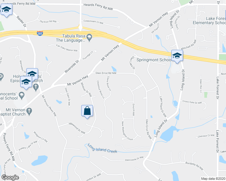 map of restaurants, bars, coffee shops, grocery stores, and more near 5585 Claire Rose Lane in Atlanta