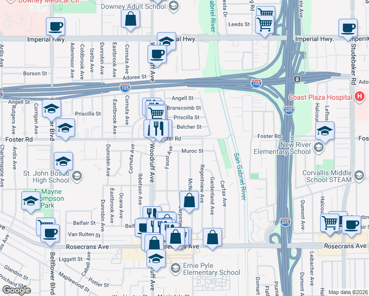 map of restaurants, bars, coffee shops, grocery stores, and more near 10237 Muroc Street in Bellflower