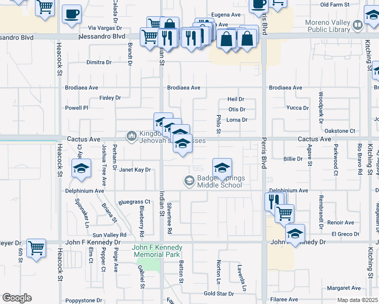 map of restaurants, bars, coffee shops, grocery stores, and more near 14561 Victor Drive in Moreno Valley