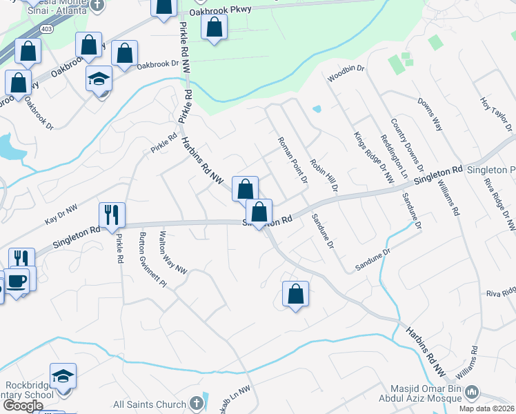 map of restaurants, bars, coffee shops, grocery stores, and more near 1257 Roman Point Drive in Norcross