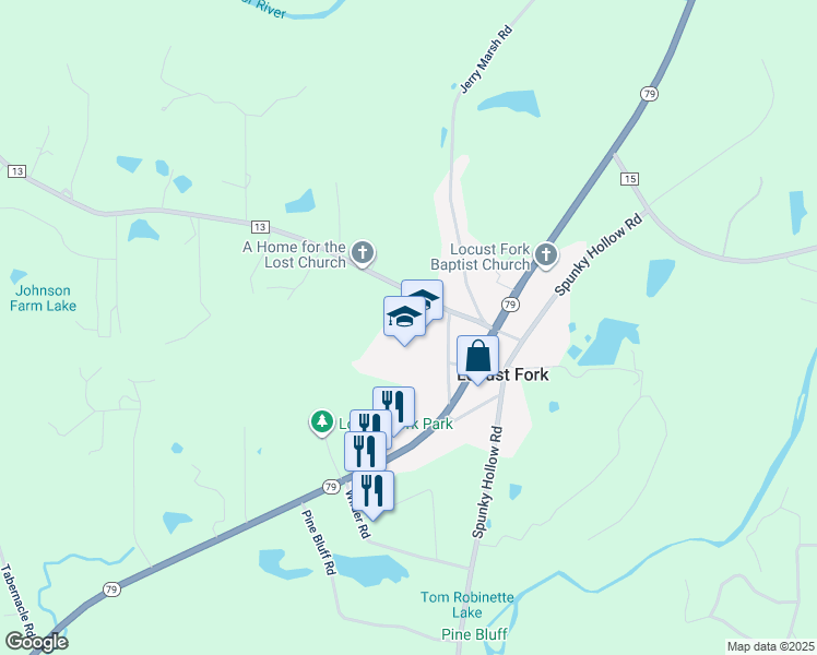 map of restaurants, bars, coffee shops, grocery stores, and more near 155 School Road in Locust Fork
