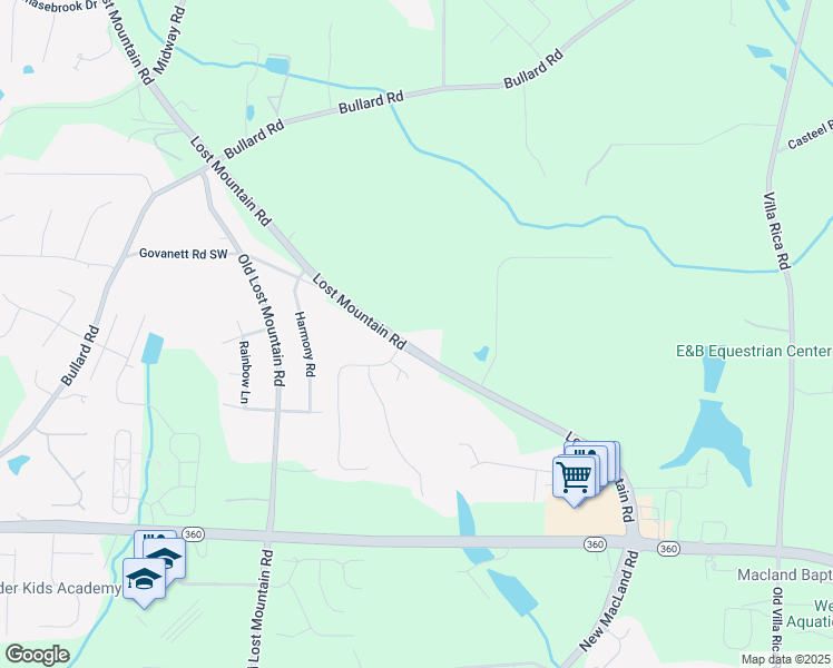 map of restaurants, bars, coffee shops, grocery stores, and more near 1830 Lost Mountain Road in Powder Springs