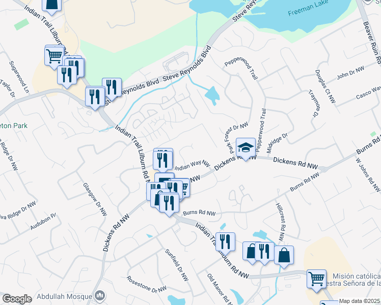 map of restaurants, bars, coffee shops, grocery stores, and more near 1047 Chisholm Way Northwest in Lilburn