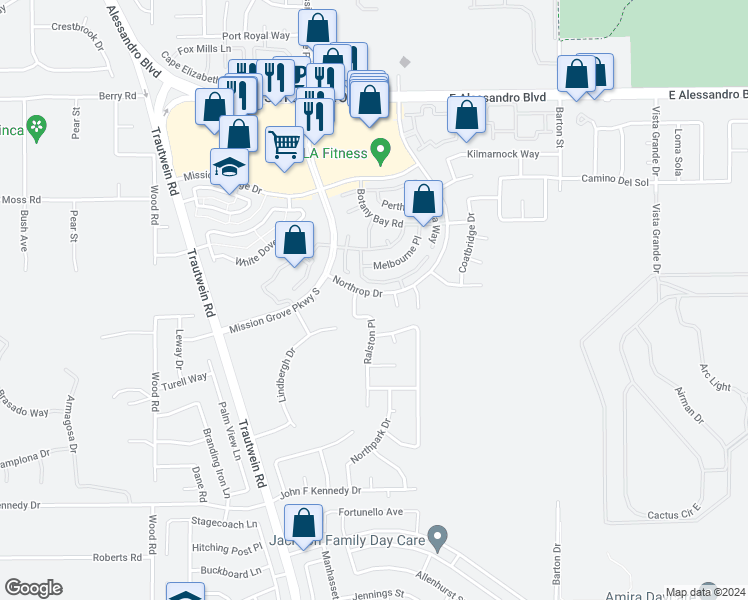 map of restaurants, bars, coffee shops, grocery stores, and more near 7862 Northrop Drive in Riverside