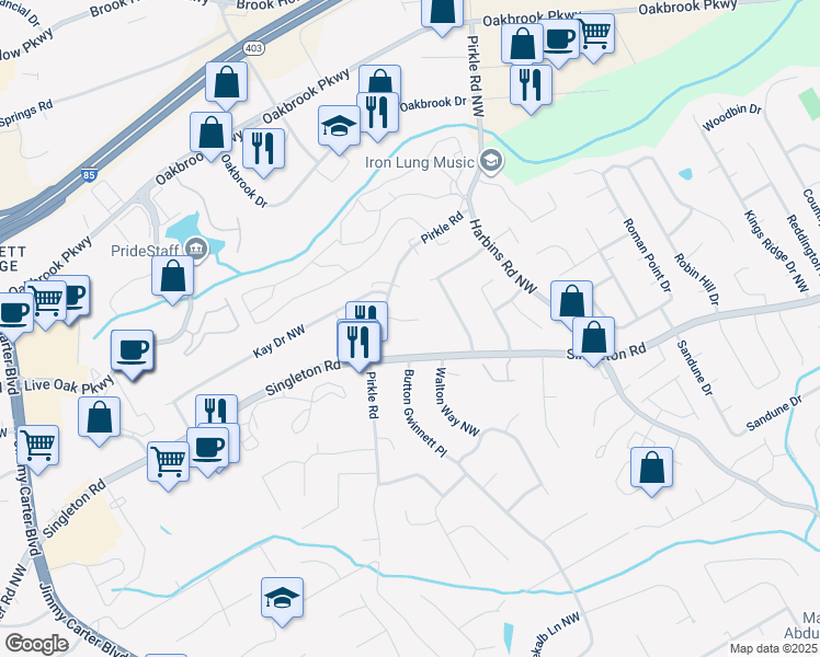 map of restaurants, bars, coffee shops, grocery stores, and more near 5764 Ridgeview Court Northwest in Norcross