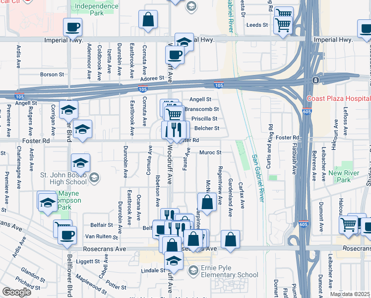map of restaurants, bars, coffee shops, grocery stores, and more near 13419 Faust Avenue in Bellflower