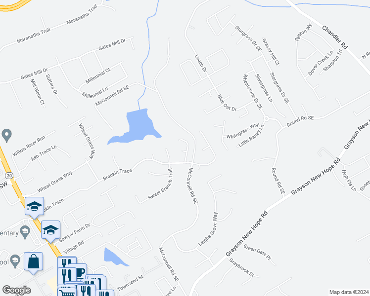 map of restaurants, bars, coffee shops, grocery stores, and more near 191 Bridgeview Court in Grayson