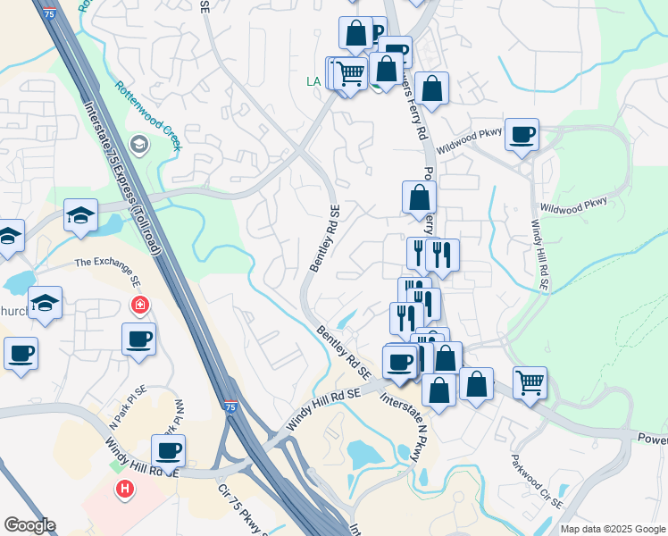 map of restaurants, bars, coffee shops, grocery stores, and more near 934 Wood Hollow Drive in Marietta