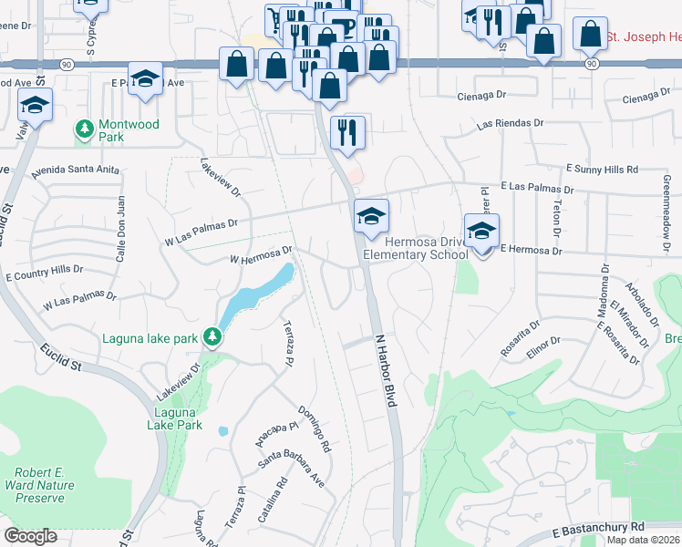 map of restaurants, bars, coffee shops, grocery stores, and more near 3251 North Santa Monica Avenue in Fullerton