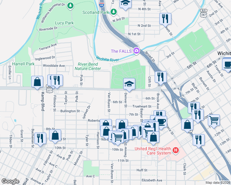 map of restaurants, bars, coffee shops, grocery stores, and more near 1913 Seymour Highway in Wichita Falls