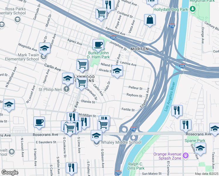 map of restaurants, bars, coffee shops, grocery stores, and more near 12342 Halo Drive in Lynwood