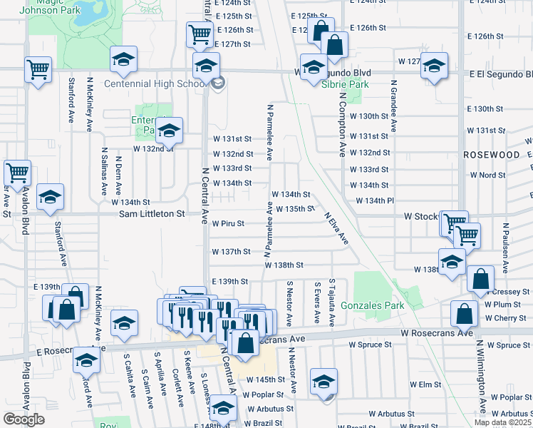 map of restaurants, bars, coffee shops, grocery stores, and more near 1607 West Piru Street in Compton
