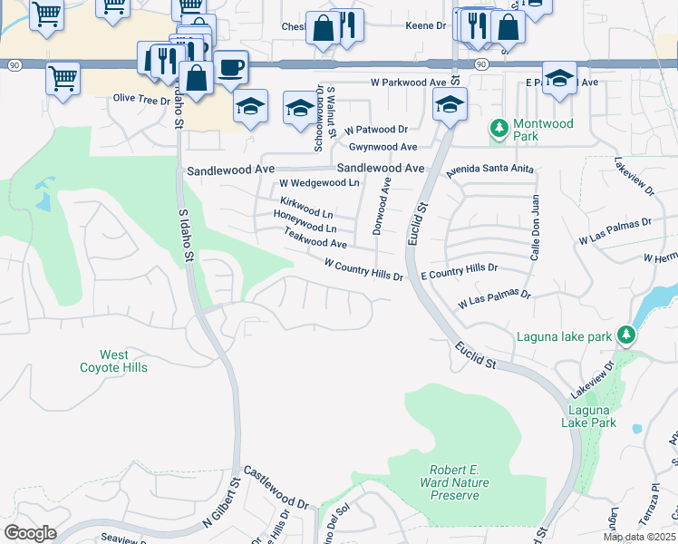 map of restaurants, bars, coffee shops, grocery stores, and more near 520 West Country Hills Drive in La Habra
