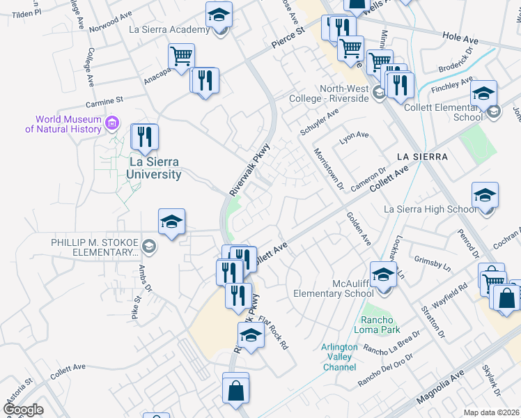 map of restaurants, bars, coffee shops, grocery stores, and more near 11515 Bridgecourt Drive in Riverside