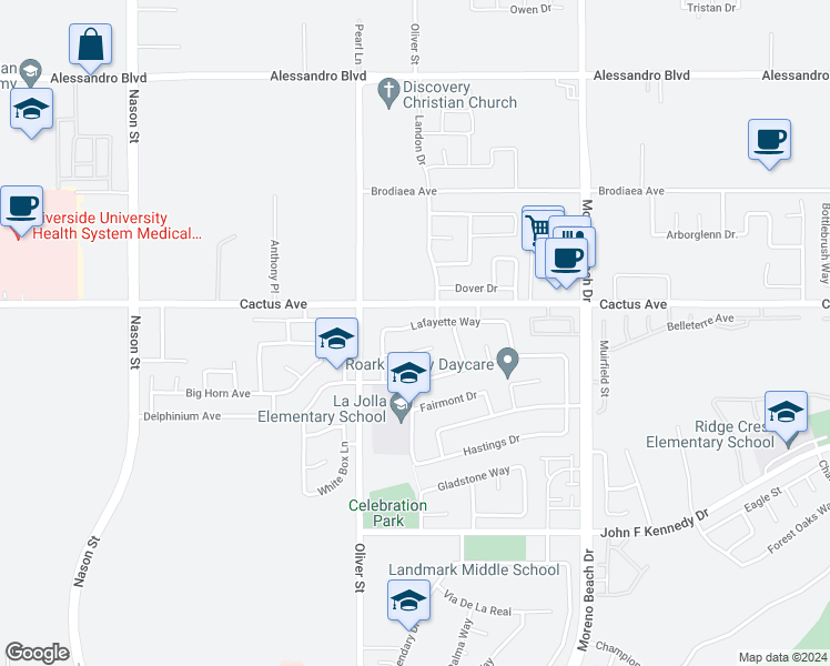 map of restaurants, bars, coffee shops, grocery stores, and more near 27621 Lafayette Way in Moreno Valley