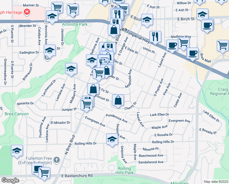 map of restaurants, bars, coffee shops, grocery stores, and more near 301 East Fir Street in Brea
