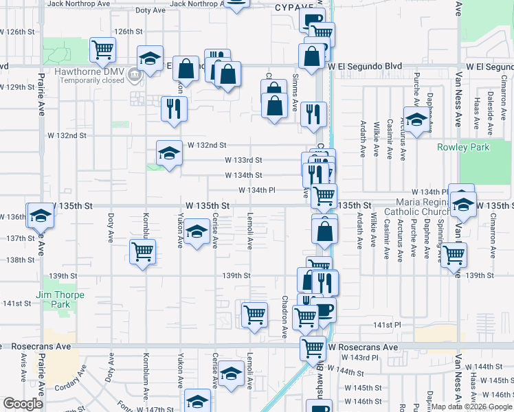map of restaurants, bars, coffee shops, grocery stores, and more near 3252 West 135th Street in Hawthorne