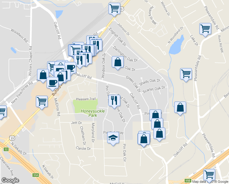 map of restaurants, bars, coffee shops, grocery stores, and more near 4007 Red Oak Drive in Doraville