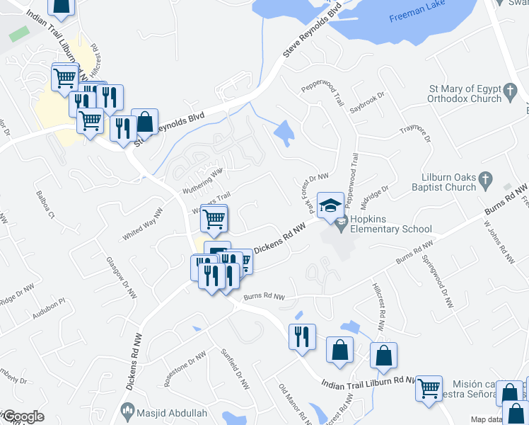 map of restaurants, bars, coffee shops, grocery stores, and more near 1063 Chisolm Way Northwest in Lilburn