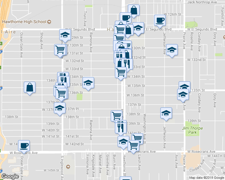map of restaurants, bars, coffee shops, grocery stores, and more near 4459 West 136th Street in Hawthorne