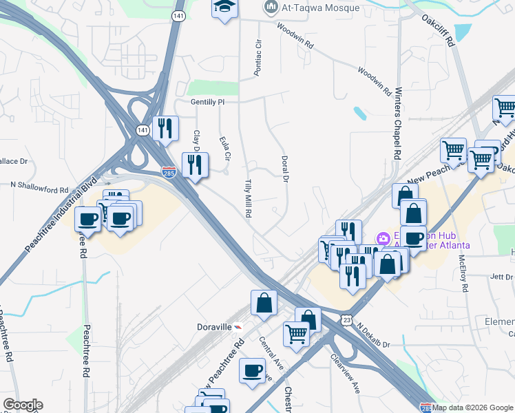 map of restaurants, bars, coffee shops, grocery stores, and more near 3953 Tilly Mill Road in Doraville