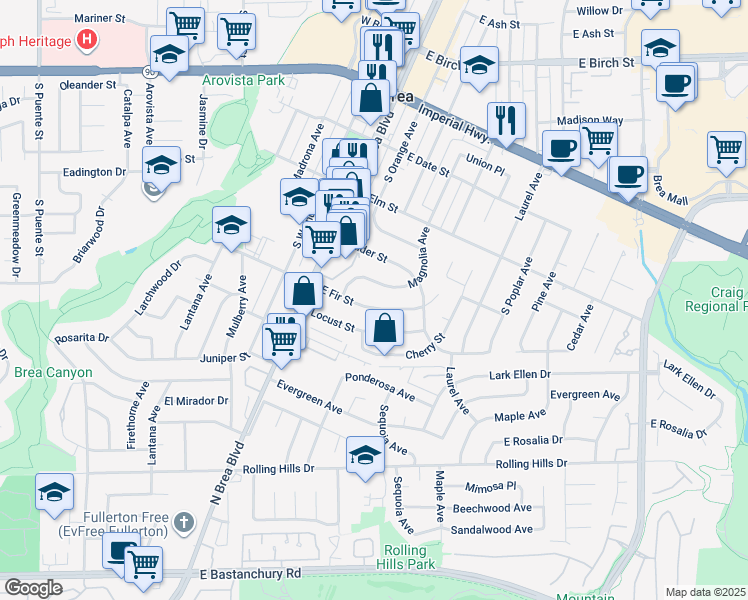 map of restaurants, bars, coffee shops, grocery stores, and more near 301 East Fir Street in Brea