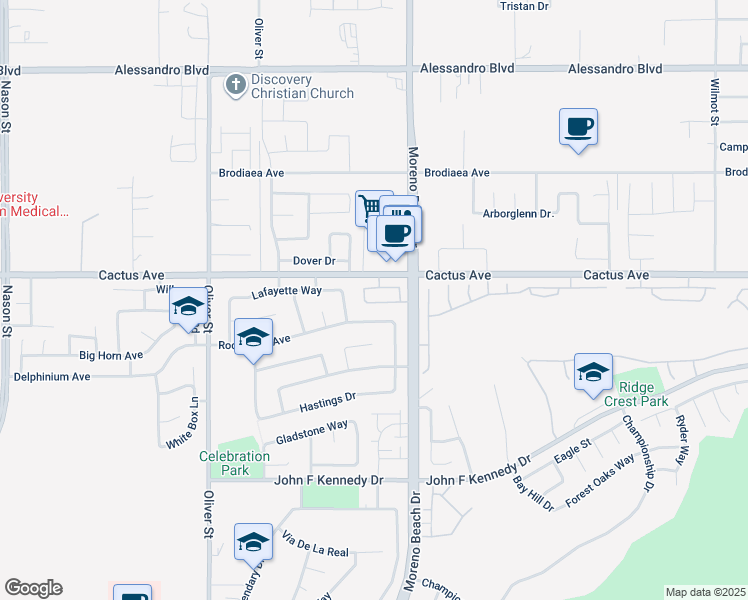 map of restaurants, bars, coffee shops, grocery stores, and more near 27891 Cactus Avenue in Moreno Valley