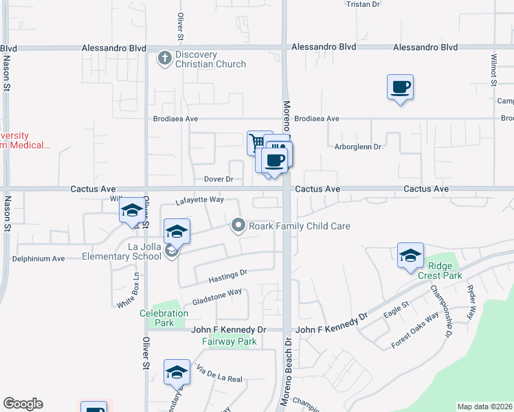 map of restaurants, bars, coffee shops, grocery stores, and more near 27891 Cactus Avenue in Moreno Valley