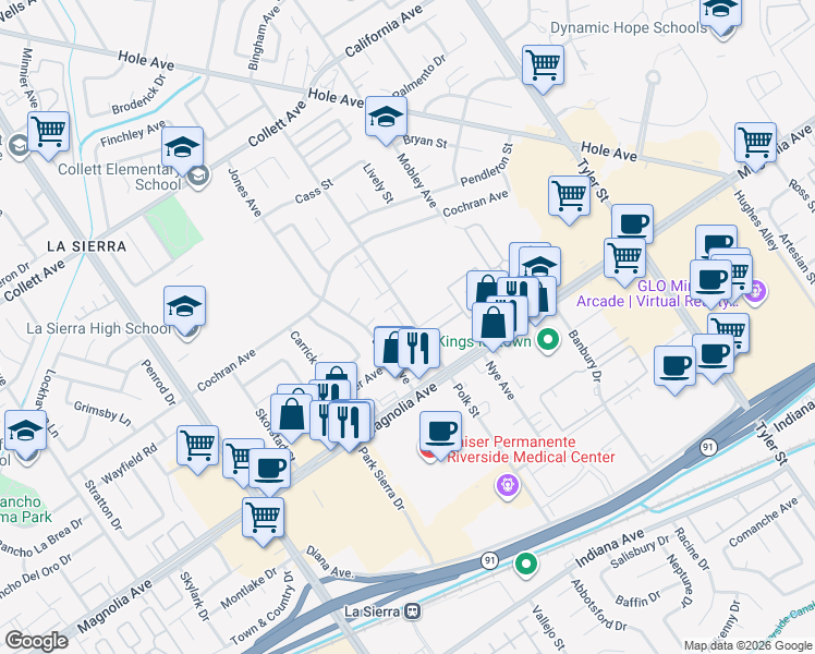 map of restaurants, bars, coffee shops, grocery stores, and more near 10720 Kloiber Street in Riverside