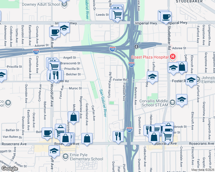 map of restaurants, bars, coffee shops, grocery stores, and more near 13423 Curtis and King Road in Norwalk