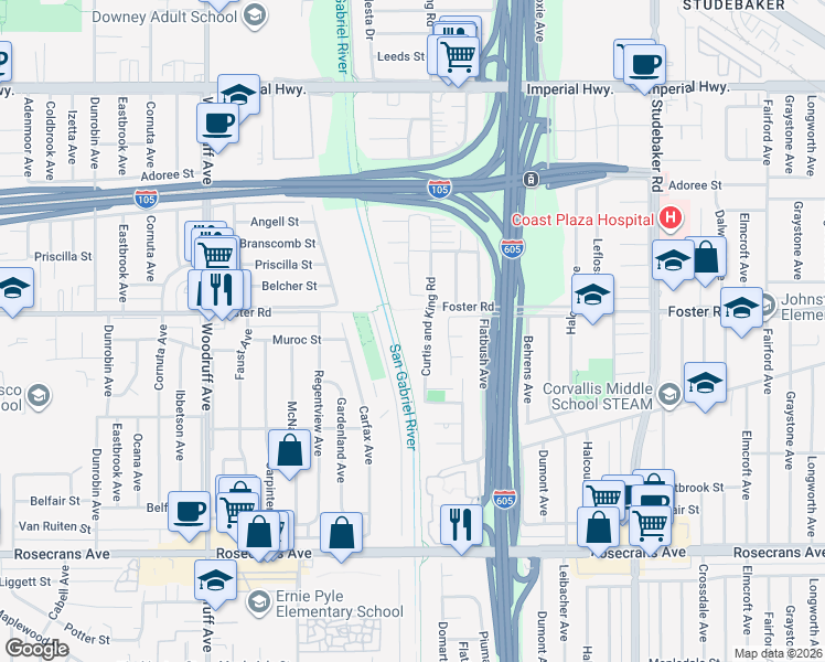 map of restaurants, bars, coffee shops, grocery stores, and more near 13423 Curtis and King Road in Norwalk