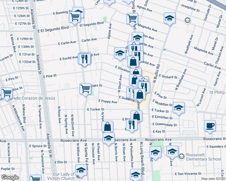 map of restaurants, bars, coffee shops, grocery stores, and more near 1026 East Oaks Street in Compton