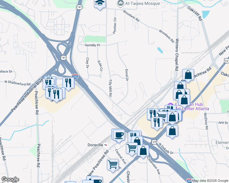 map of restaurants, bars, coffee shops, grocery stores, and more near 3953 Tilly Mill Road in Doraville