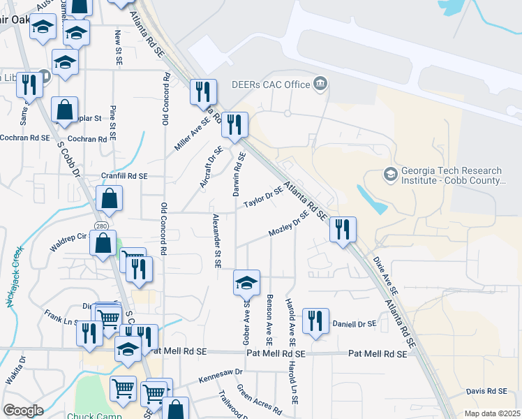 map of restaurants, bars, coffee shops, grocery stores, and more near 732 Taylor Drive Southeast in Smyrna