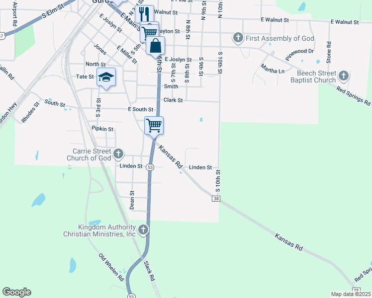 map of restaurants, bars, coffee shops, grocery stores, and more near 104 Deercreek Ln in Gurdon