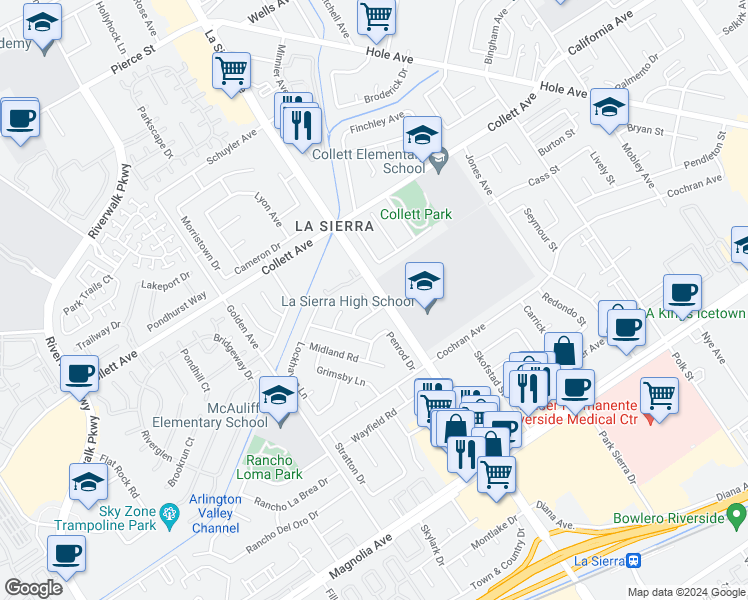 map of restaurants, bars, coffee shops, grocery stores, and more near 4209 Ferguson Court in Riverside