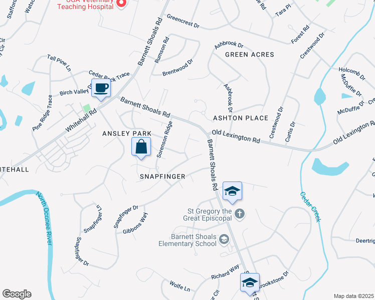 map of restaurants, bars, coffee shops, grocery stores, and more near 116 Rebecca Place in Athens