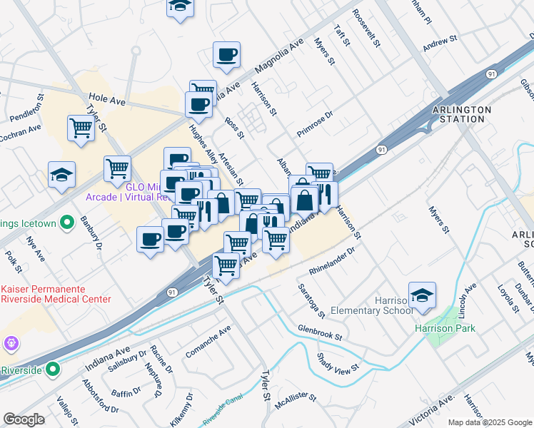 map of restaurants, bars, coffee shops, grocery stores, and more near 10075 Diana Avenue in Riverside