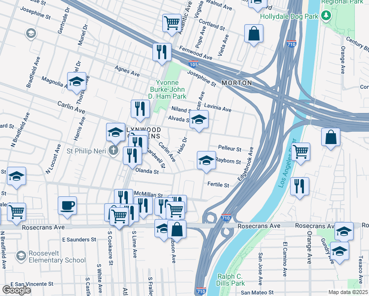map of restaurants, bars, coffee shops, grocery stores, and more near 12342 Halo Drive in Lynwood