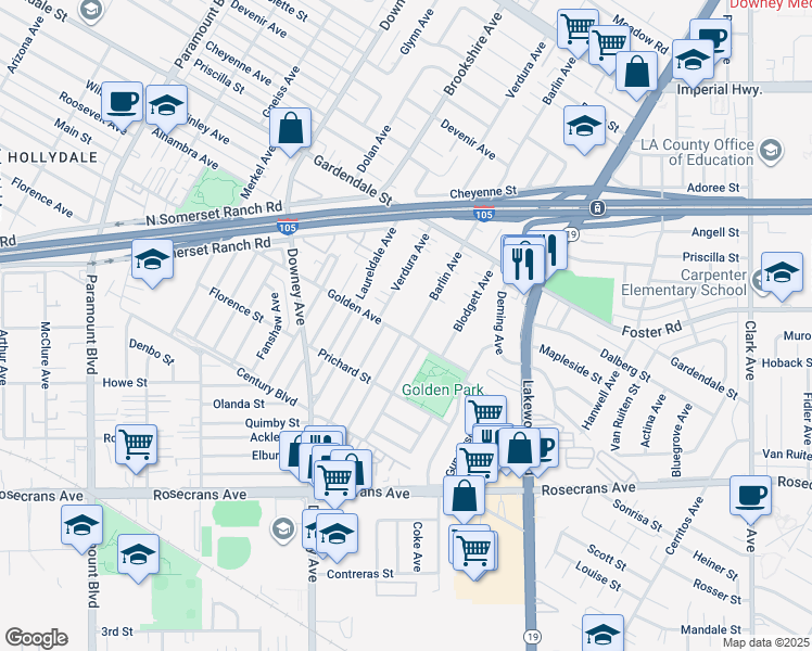 map of restaurants, bars, coffee shops, grocery stores, and more near 13253 Barlin Avenue in Downey