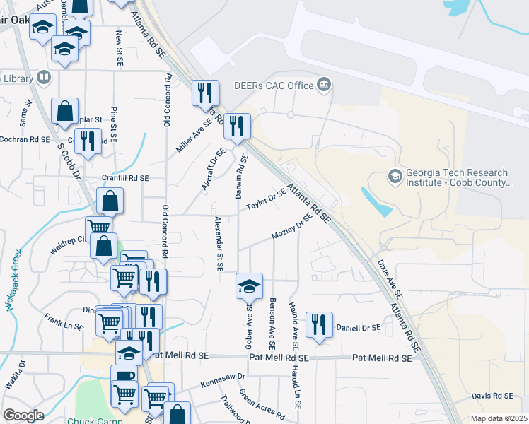map of restaurants, bars, coffee shops, grocery stores, and more near 732 Taylor Drive Southeast in Smyrna