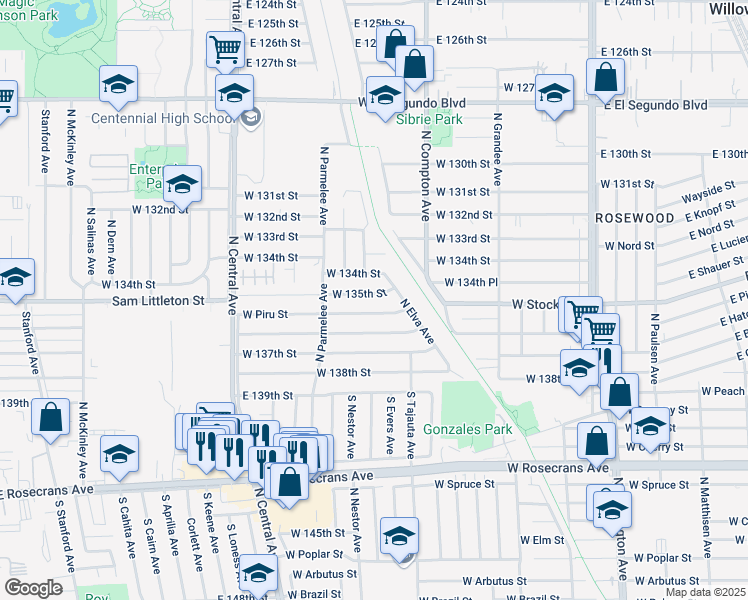 map of restaurants, bars, coffee shops, grocery stores, and more near 1219 West Piru Street in Compton