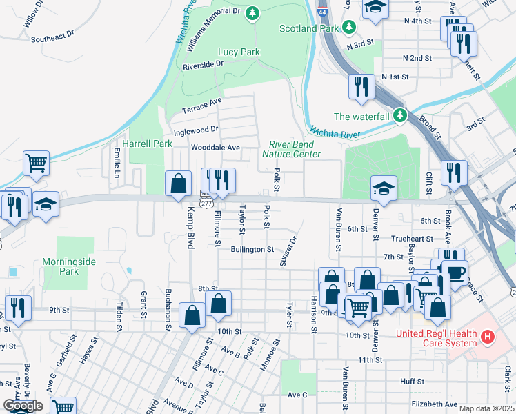 map of restaurants, bars, coffee shops, grocery stores, and more near 2304 Kings Highway in Wichita Falls