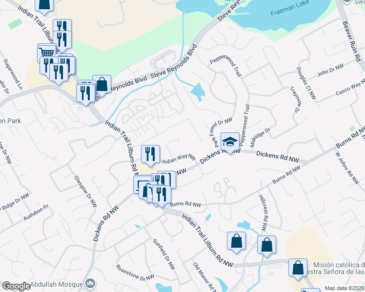 map of restaurants, bars, coffee shops, grocery stores, and more near 1047 Chisholm Way Northwest in Lilburn