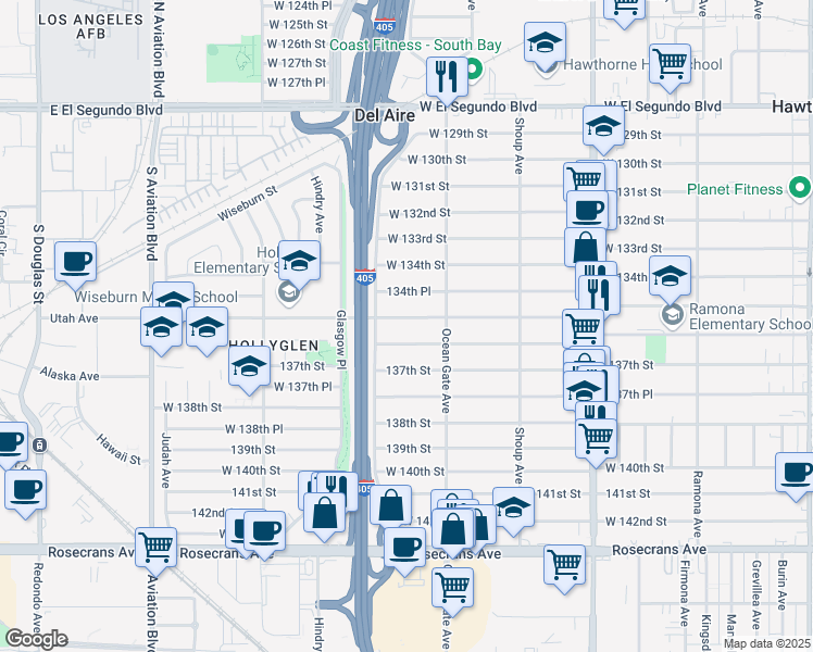 map of restaurants, bars, coffee shops, grocery stores, and more near 5146 West 135th Street in Hawthorne