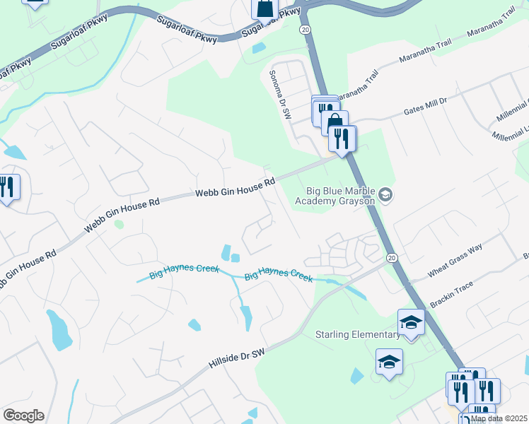 map of restaurants, bars, coffee shops, grocery stores, and more near 602 Webb Gin House Road in Lawrenceville